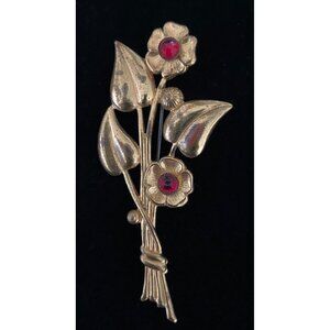 Brooch,1940s Retro, Bouquet of Flowers. Gold Gilt Finish, Red Ruby Glass Flowers